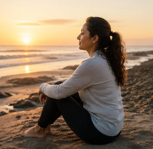 A quiet beach at sunset, representing time to reflect