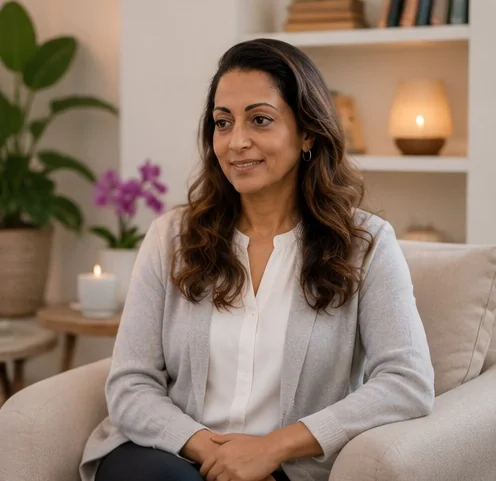 Neeta Shah seated in a calm, welcoming therapy space