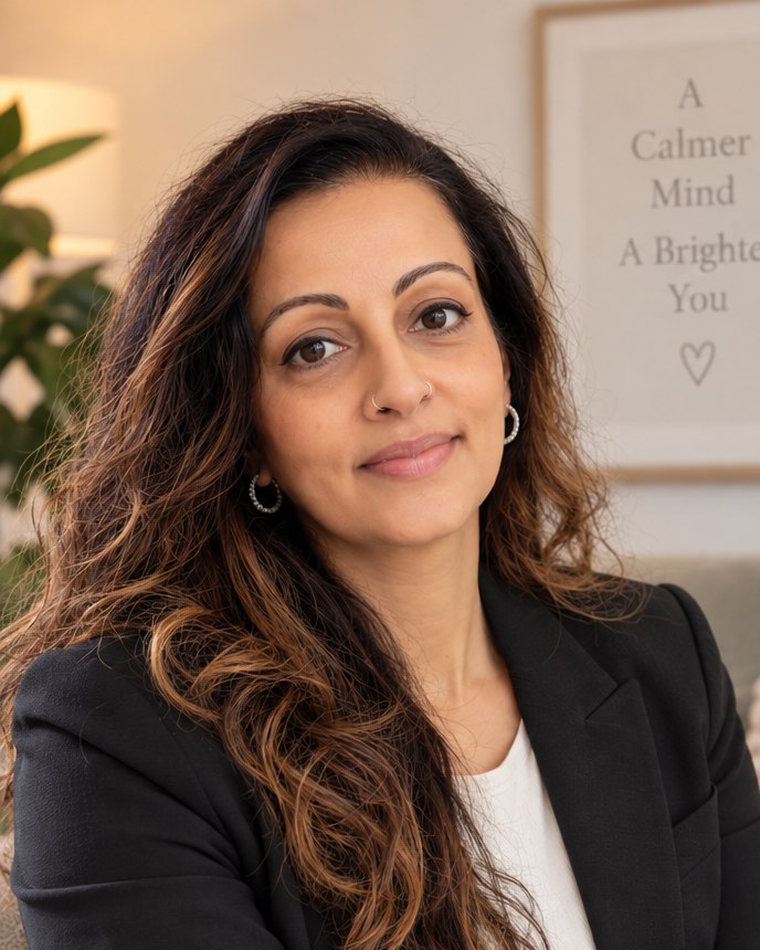 Neeta Shah in a calm one-to-one therapy conversation