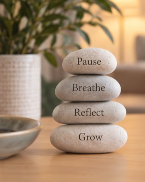 Stacked stones reading pause, breathe, reflect, grow