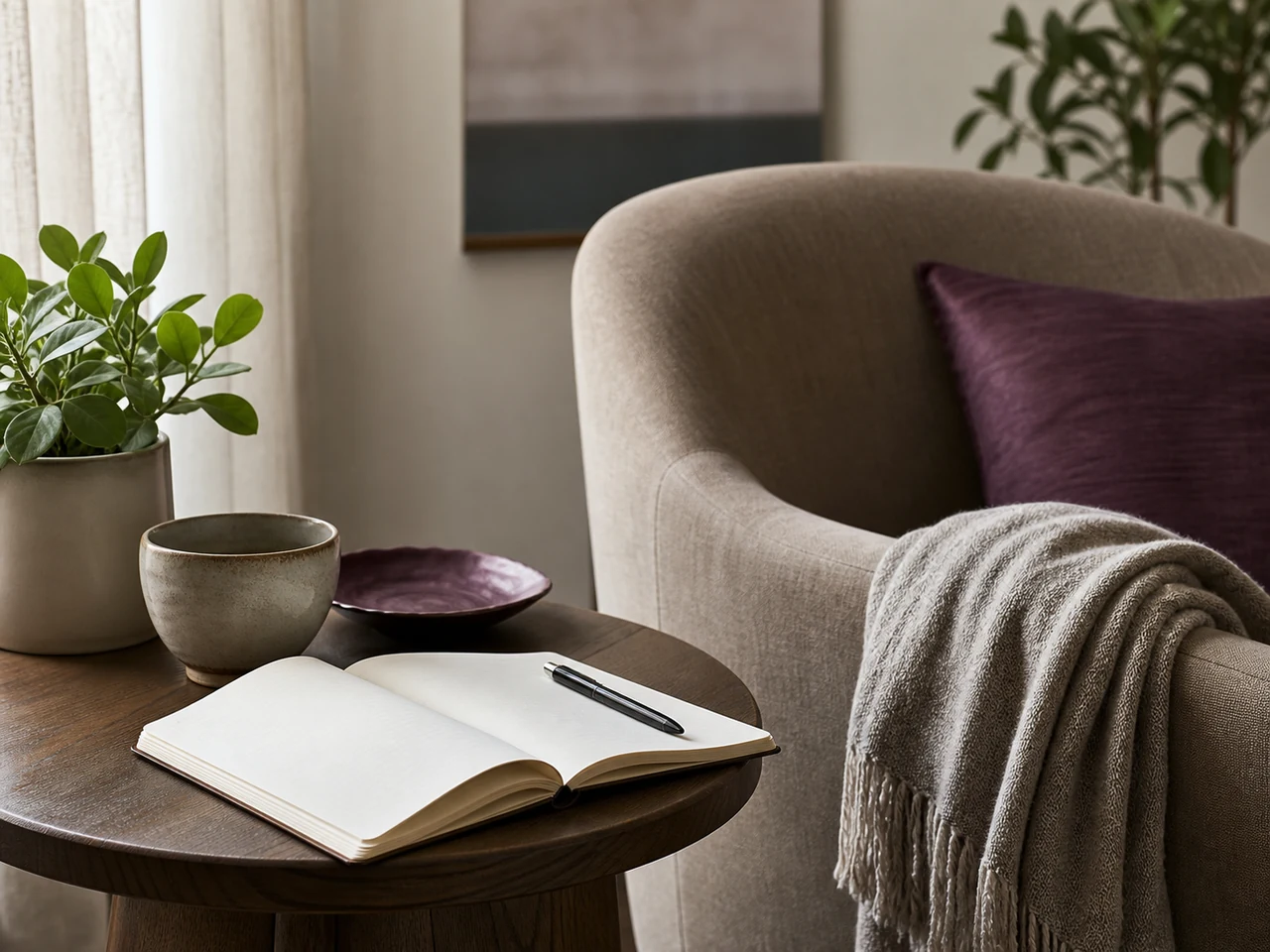 A quiet reflective workspace with an open notebook in a therapy room
