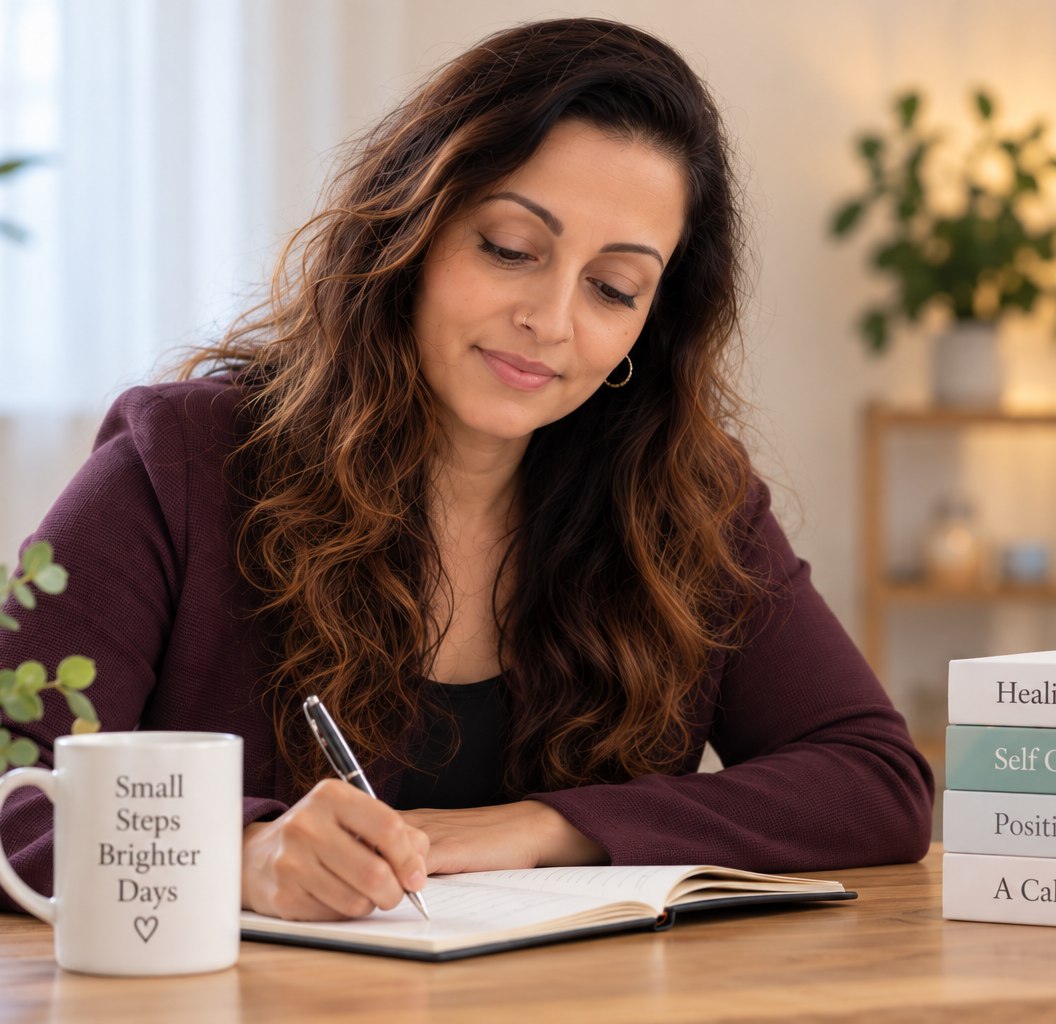 Neeta Shah writing in a notebook